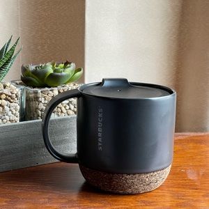 Starbucks Cork Bottom Mug Cup Dark Gray Ceramic Black Plastic Lid 12 Oz